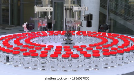 Szczecin, Poland-March 2021: and control of vaccines on the production line in a company from the pharmacological .3D illustration