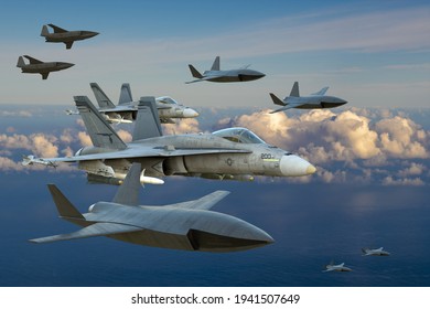 Szczecin, Poland-March 2021: F-18 Assisted By Drones From The Experimental Loyal Wingman Program Carried Out By Boeing.3D Illustration