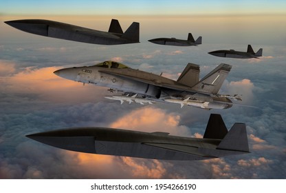 Szczecin, Poland-March 2021: F-18 Assisted By Drones From The Experimental Loyal Wingman Program Carried Out By Boeing,3d Illustration.