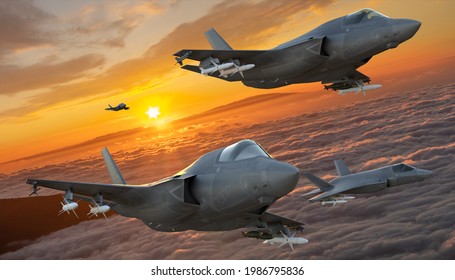 Szczecin, Poland-May 2021:Lockheed Martin F-35 Lightning II fighter jet with weapons on external .3D illustration.	
