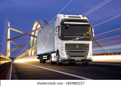Szczecin, Poland-November 2020:Volvo truck with Amazon Prime logo trailer on the  ,3d illustration.