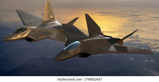 Szczecin,Poland-August 2020:vision Of A 6th Generation Fighter In Formation With The F-22 Raptor Of The US Air Force In Flight Above The .3d Render,3d Illustration.