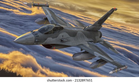 Szczecin,Poland-February 2022:General Dynamics F-16 Fighting Falcon Armed at Standoff Air-Launched Cruise Missile AGM-158 Jassm and Glide Bomb AGM-154 Joint Standoff Weapon (JSOW).3D Illustration.