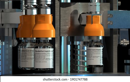 Szczecin,Poland-January 2021:Pfizer -Biontech Vaccine On The Production Line, 3D Illustration.