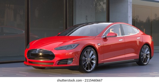Szczecin,Poland-January 2022:Tesla Model S parked in front of a modern building.3D Illustration.