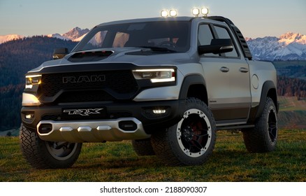  Szczecin,Poland-July 2022:The Ram 1500 TRX is the most powerful series-produced pickup truck today.3D illustration.
