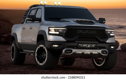  Szczecin,Poland-July 2022:The Ram 1500 TRX is the most powerful series-produced pickup truck today.3D illustration.