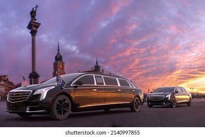 Szczecin,Poland-March 2022:American Presidential Limousines By Cadillac.3D Illustration.