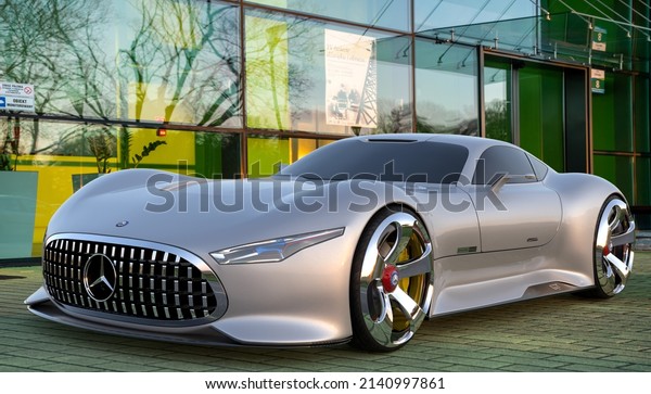 Szczecin,Poland-March\
2022:Mercedes-Benz AMG Vision Gran Turismo in front of a modern\
building.3D\
Illustration.