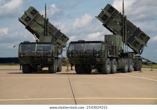 Szczecin,Poland-March 2022:MIM-104 Patriot\
- American surface-to-air missile system developed by Raytheon to\
protect strategic targets.3D\
Illustration.