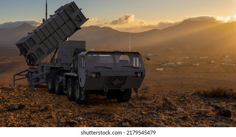 Szczecin,Poland-May 2022:MIM-104 Patriot - American surface-to-air missile system developed by Raytheon to protect strategic targets.3D illustration.
