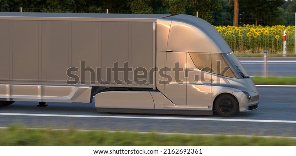 Szczecin,Poland-May 2022:Tesla Semi - the\
electric truck that delivers itself.3D\
illustration.