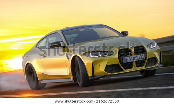 Szczecin,Poland-May 2022:The\
BMW M4 Competition during a high-speed run on a winding\
racetrack.3D\
illustration.