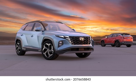 Szczecin,Poland-November 2021:Hyundai Tucson During The Beautiful Sunrise -3d Illustration.