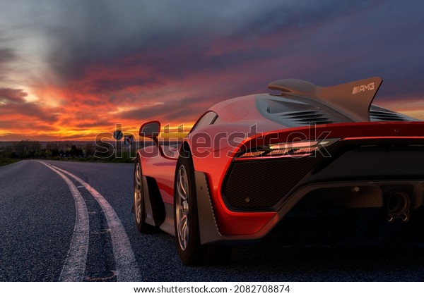Szczecin,Poland-November 2021:MERCEDES-AMG\
project ONE, a car that will transfer the latest and most efficient\
hybrid technology Formula 1 for public roads-3d\
illustration.