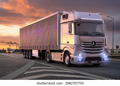 Szczecin,Poland-November 2021:New Mercedes Actros: Autonomous Truck In Which The Intelligent Driving Experience System Was Implemented-3d Illustration.