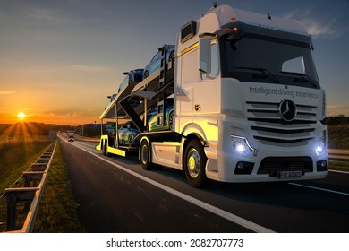 Szczecin,Poland-November 2021:New Mercedes Actros: Autonomous truck in which the Intelligent Driving Experience system was implemented-3d illustration.