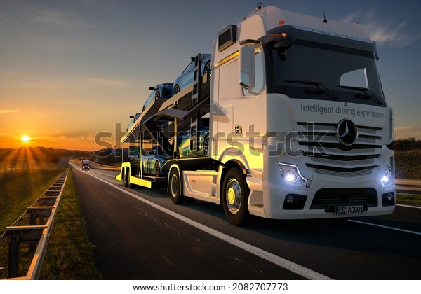 Szczecin,Poland-November 2021:New Mercedes\
Actros: Autonomous truck in which the Intelligent Driving\
Experience system was implemented-3d\
illustration.