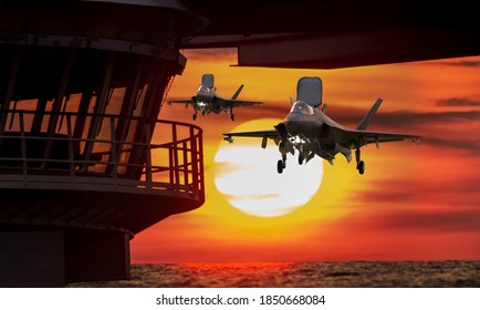 Szczecin,Poland-October 2020: -35 5th generation aircraft landing on an aircraft carrier against the background of the setting ,3d illustration.