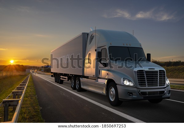 Szczecin,Poland-October 2020:American truck\
in autonomous driving  ,3d\
illustration.