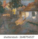 Szolnok. Vintage landscape artwork by Konstantin Kovari Kacmarik, famous artist. Famous old painting of landscape, art illustration by Konstantin Kovari Kacmarik.
