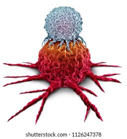 T cell attacking a cancer tumor as an Immunotherapy immune system therapy concept as a biomedical or biomedicine oncology treatment as a 3D render on a white background.