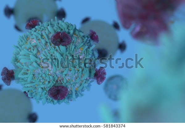 T Cell lymphocyte with receptors\
for cancer cell immunotherapy research 3D render  \
