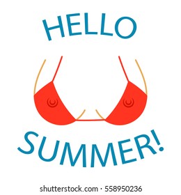 T Shirt Typography Graphics Hello Summer. Sexy Bust Silhouette. Woman Erotic Breast In Bra With Silhouette Teats. Cartoon Fashion Body. Symbol Of Holiday, Vacation, Travel. Illustration