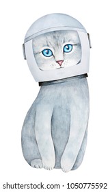 Tabby Kitten Character Dressed In Astronaut Helmet. Hand Drawn Water Colour Painting On White Backdrop, Cutout. Cute, Funny And Beautiful Graphic Decoration For Design, Print, Postcard, Banner.