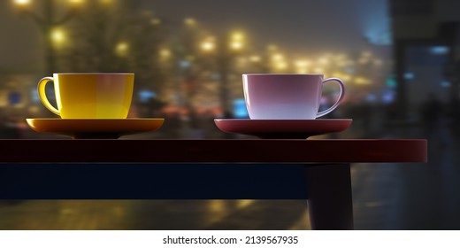 A table in a cafe. White and yellow cups and saucers are on the table. Tea drinking. 3d render