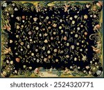 Table Carpet with the Four Elements and a Strewn Floral Pattern (1650). Decorative botanical flower dark pattern. Vintage dark botanical art drawing illustration pattern.