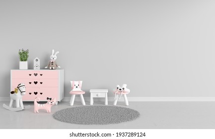 Table and chair in gray child room with copy space, 3D rendering