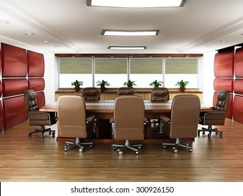 Table And Chair In The Office Boardroom With No People. 3D Interior Rendering.