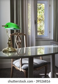 Table With Classic Banker Desk Lamp