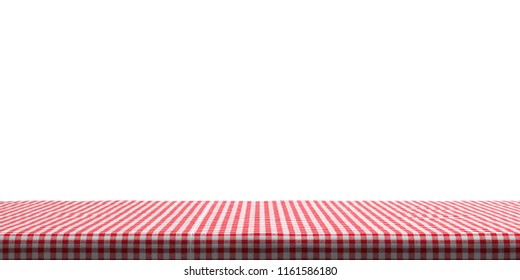 Table covered with red checkered tablecloth on white wall background, copy space. 3d illustration