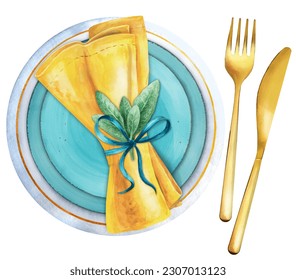 Table decoration for family party with floral decor and napkin on white background. Restaurant menu template. Top view. Watercolor hand drawn illustration - Powered by Shutterstock