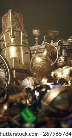 A table displaying an assortment of metal objects and jewelry, including golden items, in a dimly lit room.
