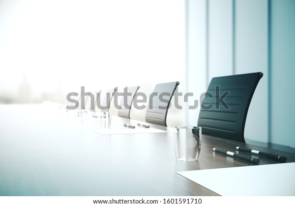 Table with equipment in conference room. Close\
up. 3D Rendering
