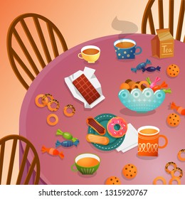 table with food and tea
