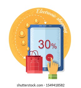 table with handpointer, buy bag with present, Vintage retro style e shopping icon on circle background