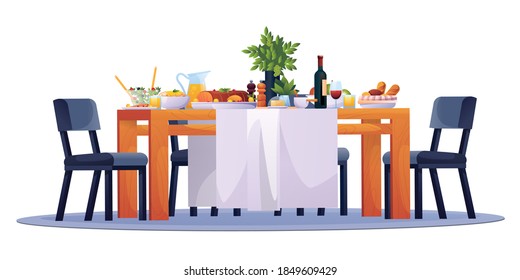 Table laid, festive dinner food dishes, drinks and chairs, . Family dining room or kitchen and restaurant laid table with party celebration lunch, breakfast or brunch meals, salads and wine - Powered by Shutterstock