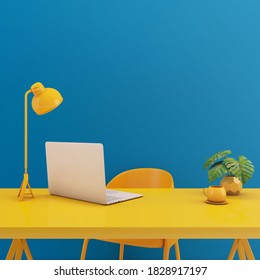 Table with laptop mock up. Yellow chair, lamp, table on blue background. Working space concept 3d rendering - Powered by Shutterstock