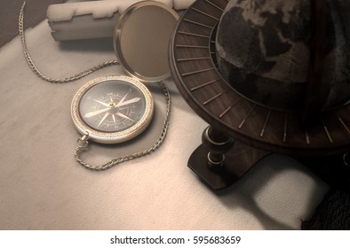A table layout of a vintage pocket compass old scrolls and a world globe model - 3D render