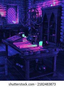 Table On Alchemy Lab Background Scene Two, 3d Illustration