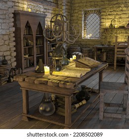 Table On Alchemy Lab Background Scene Two, 3d Illustration