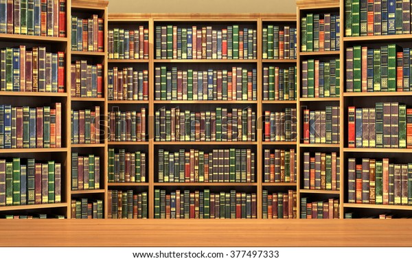 本でいっぱいの本棚の背景にテーブル 古い図書館 のイラスト素材 Shutterstock
