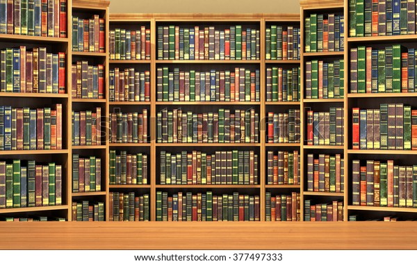 Table On Background Bookshelf Full Books Stock Illustration