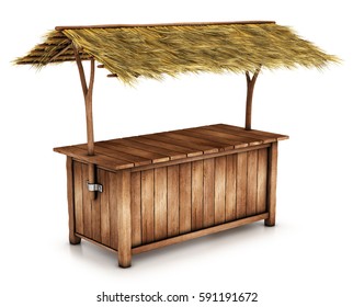 Table, Outdoor Counter With A Thatched Roof. 3d Image Isolated On White.