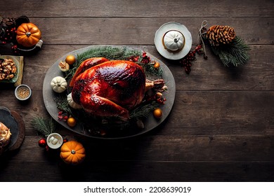 Table With Roasted Turkey And Fixings, Traditional Thanksgiving Holiday Celebration Food, Food Photography And Illustration