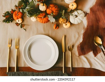 Table set for thanksgiving. Pumpkin, festive dinner, table setting. Halloween. 3d illustration  - Powered by Shutterstock